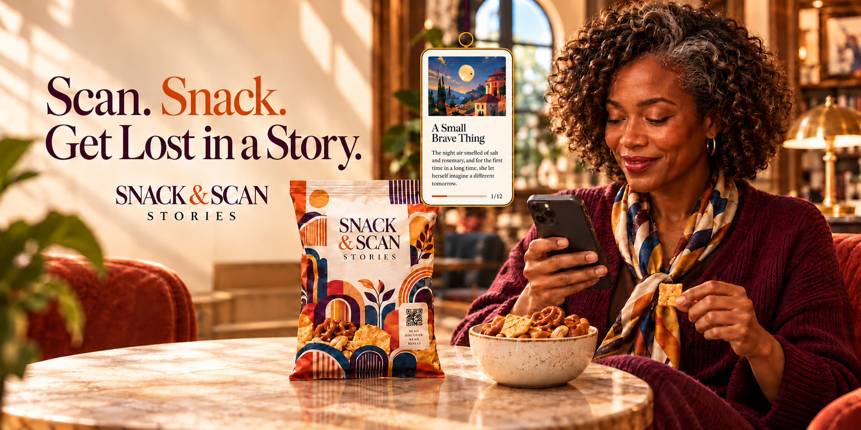 A reader enjoying a snack while reading a Snack and Scan story on her phone.